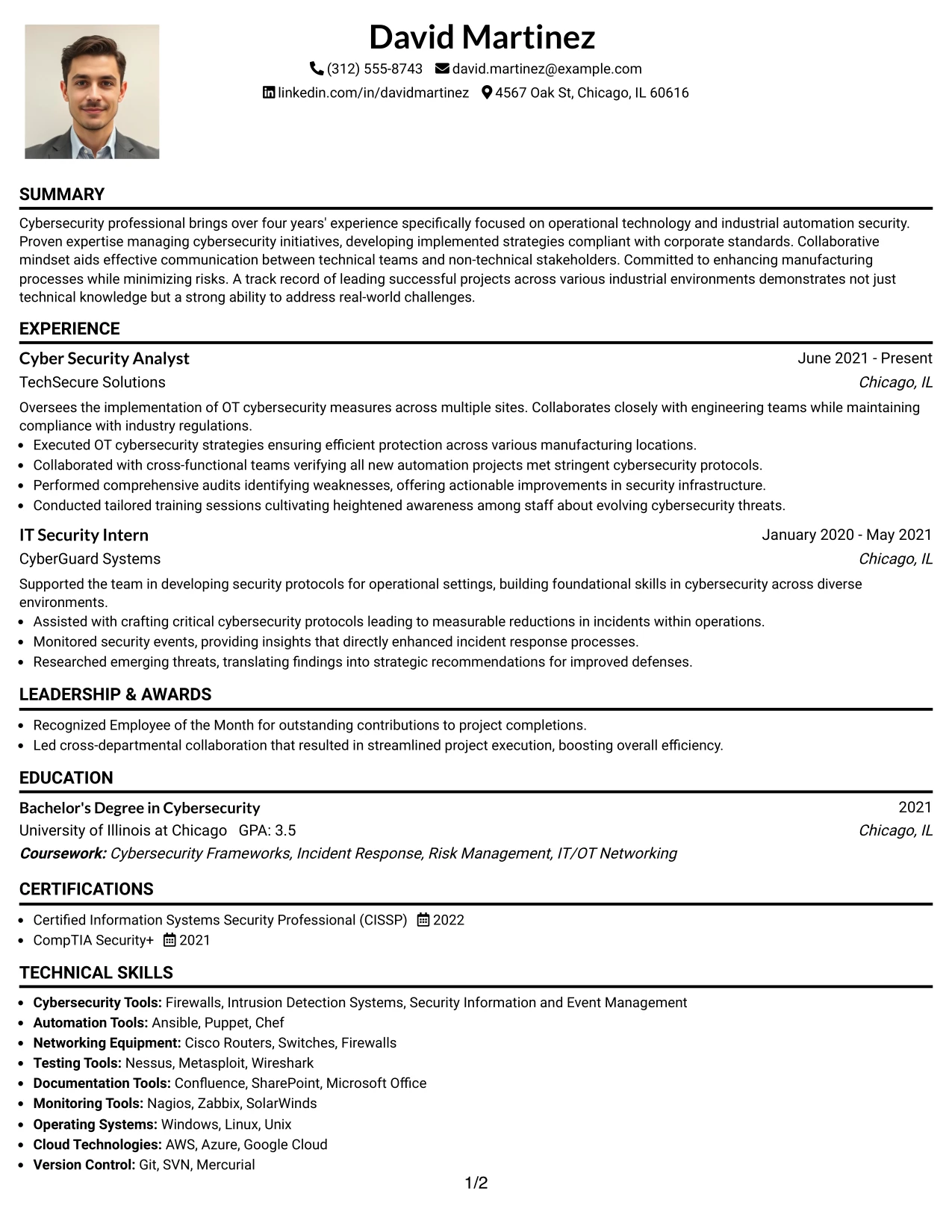 Resume Example Page 1