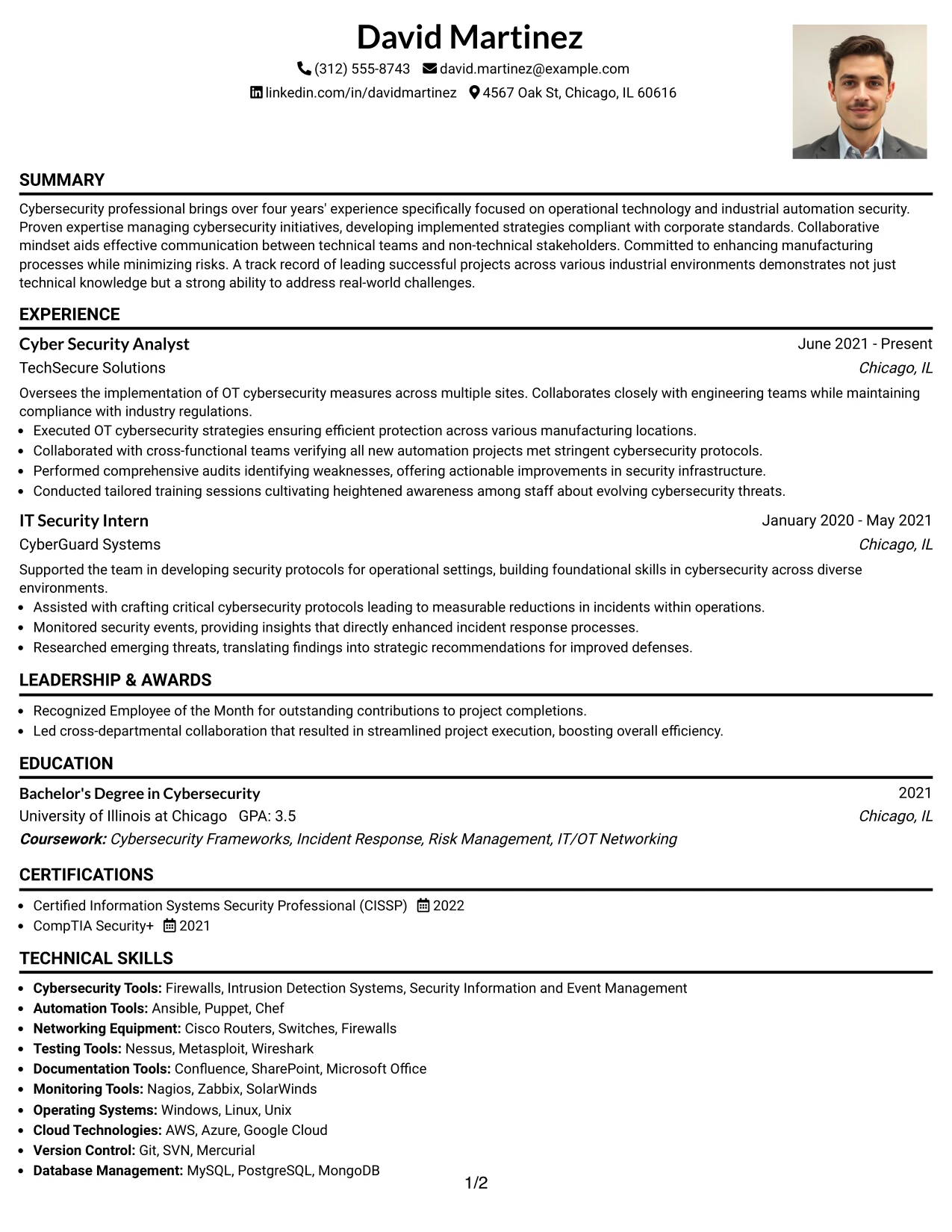 Resume Example Page 1