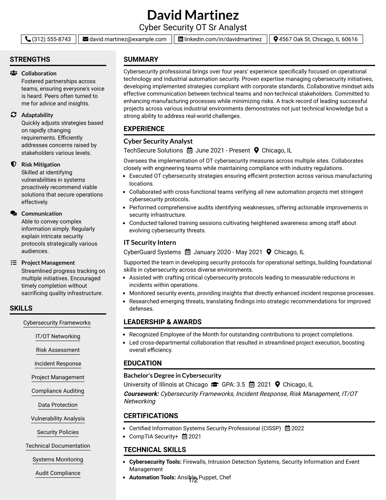 Resume Example Page 1