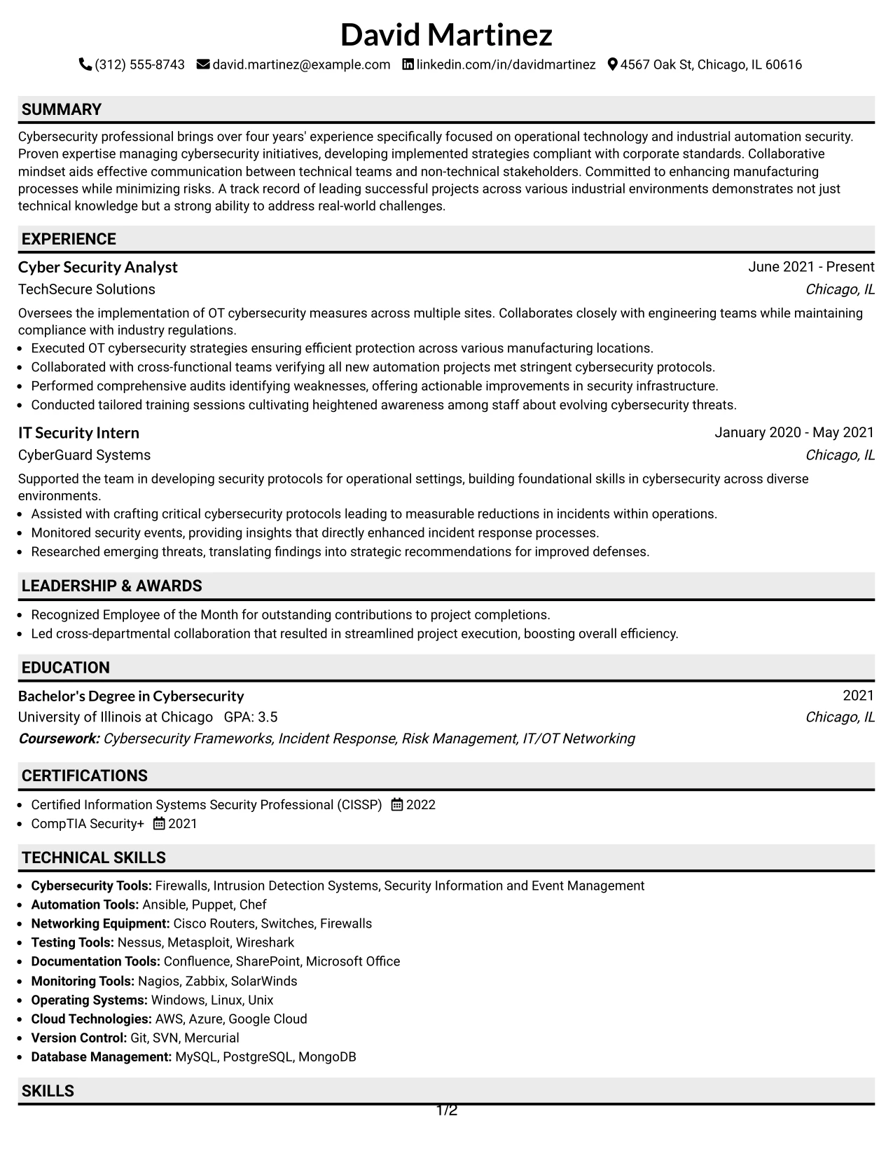 Resume Example Page 1