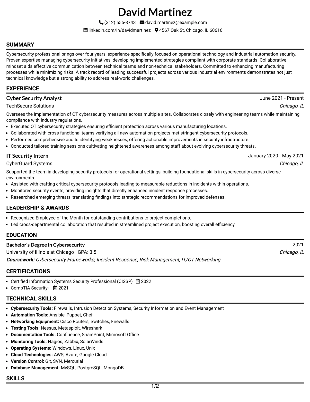 Resume Example Page 1