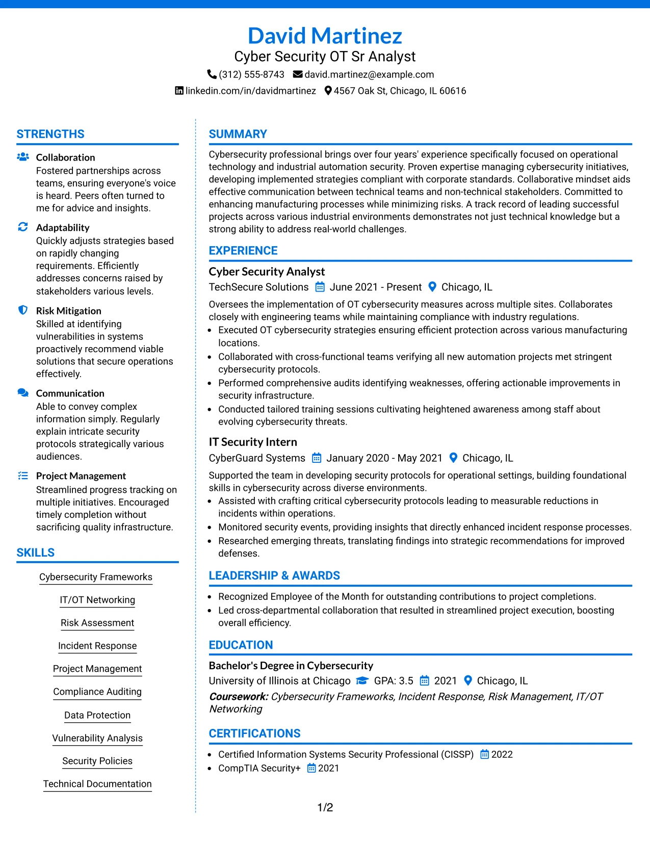Resume Example Page 1