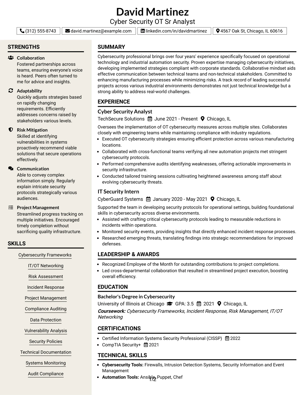 Resume Example Page 1