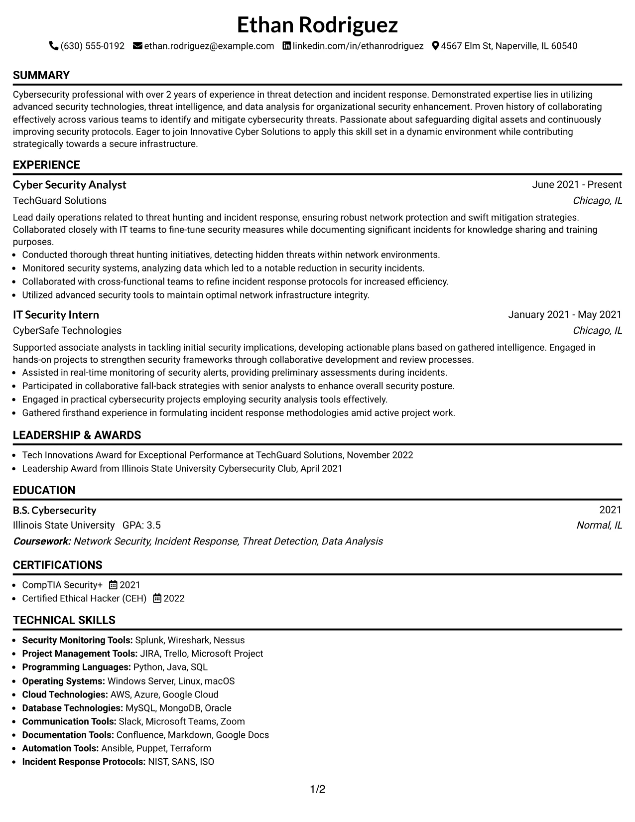 Resume Example Page 1