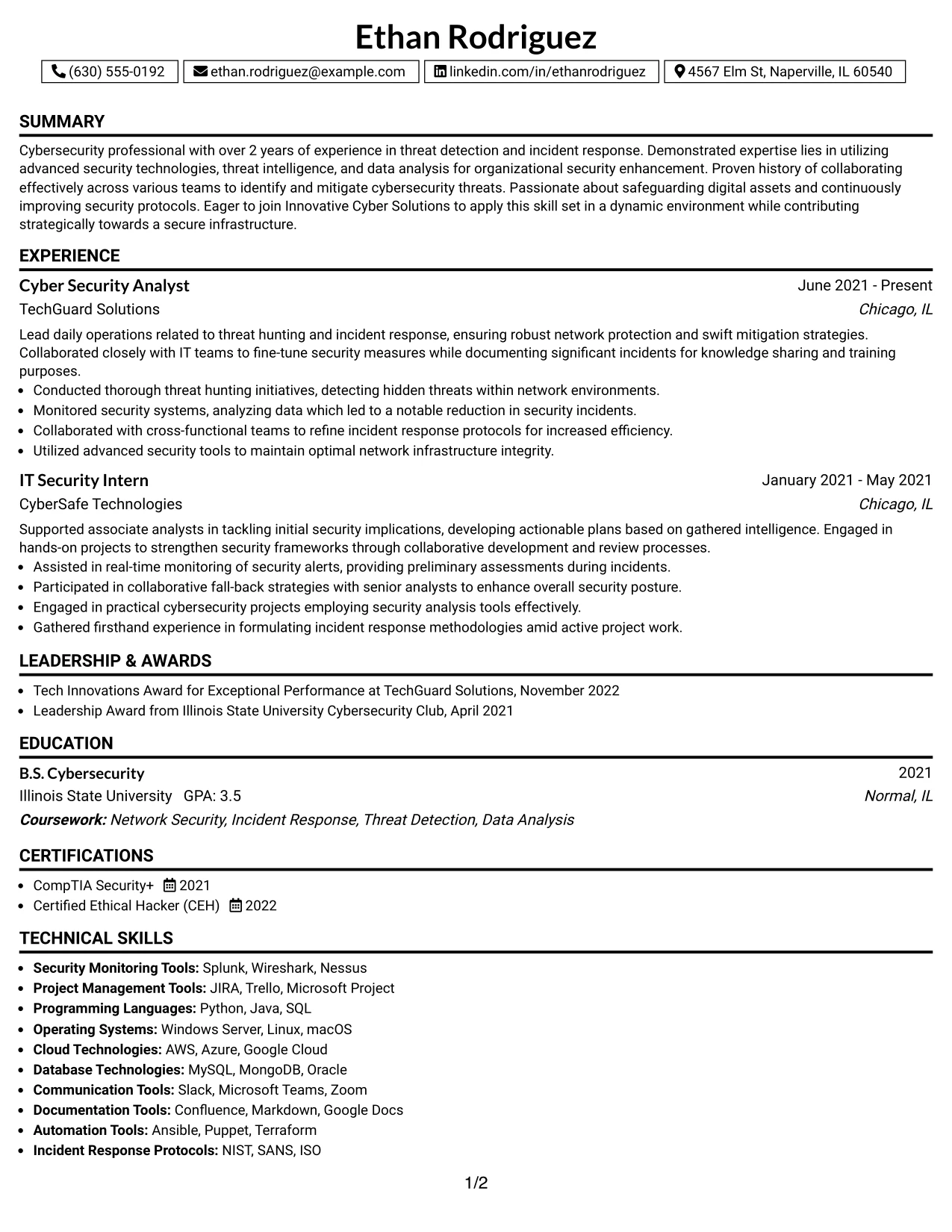 Resume Example Page 1