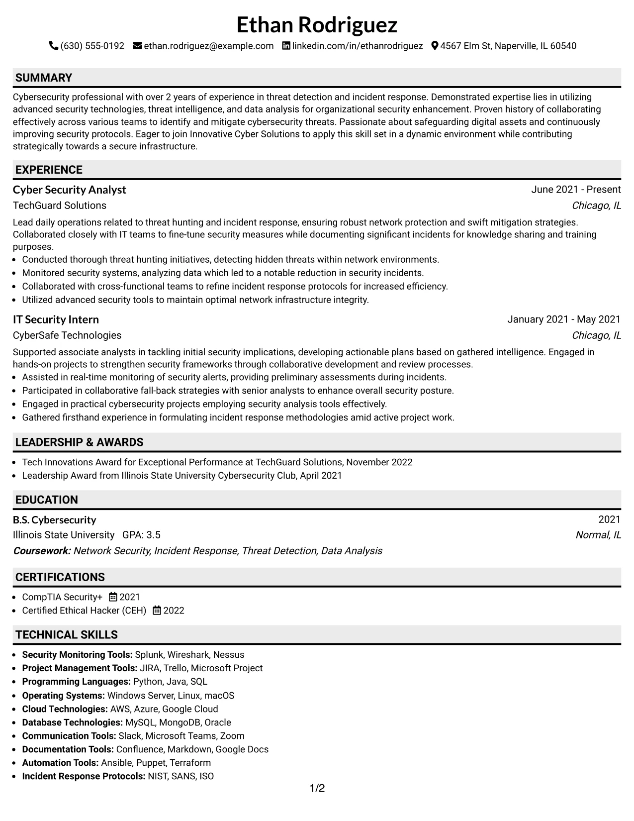 Resume Example Page 1