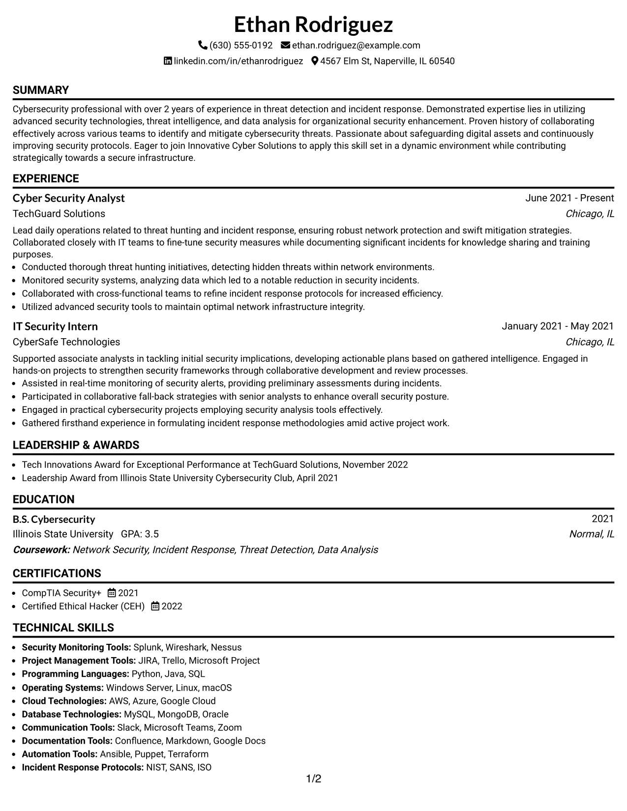 Resume Example Page 1