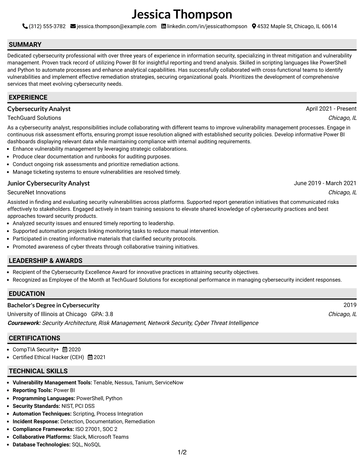 Resume Example Page 1