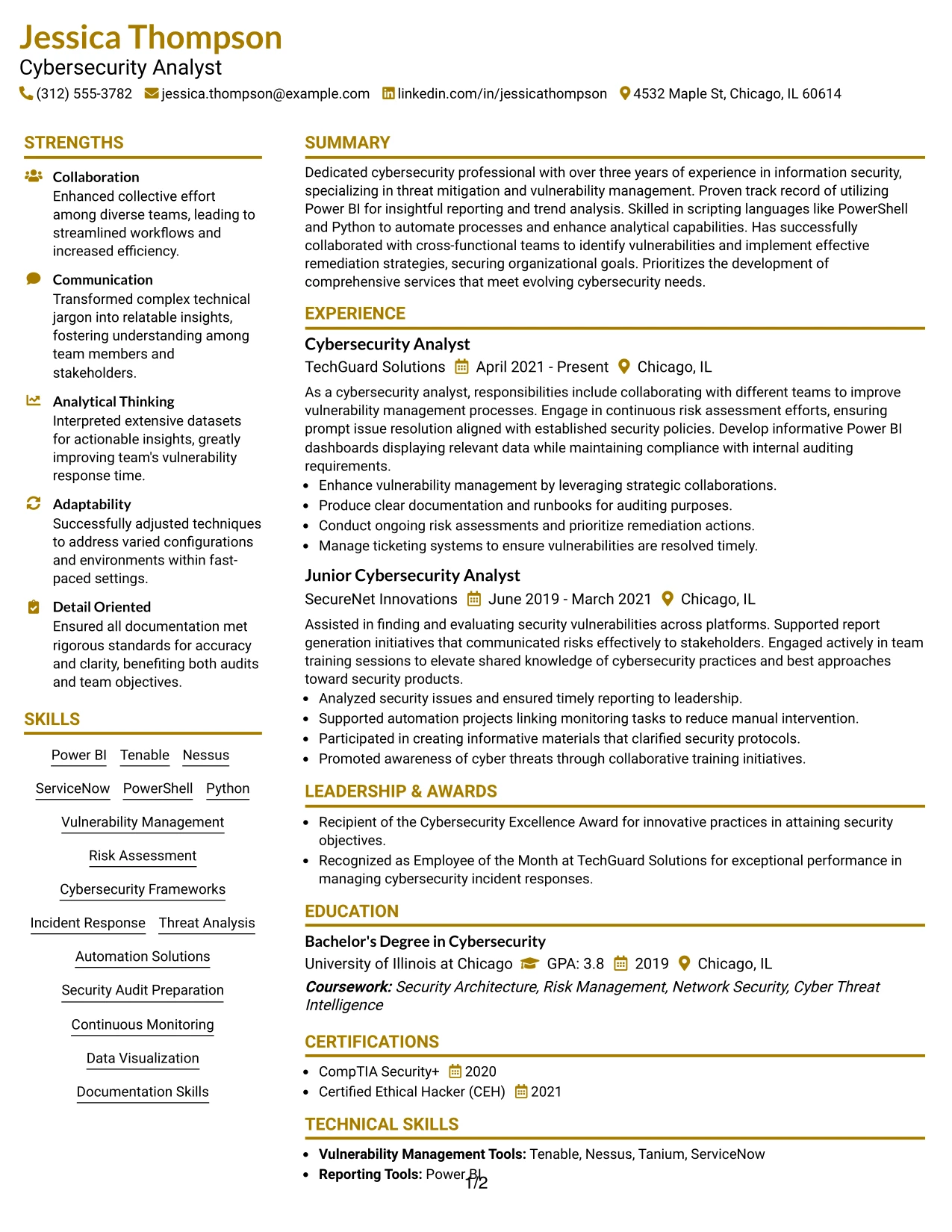 Resume Example Page 1