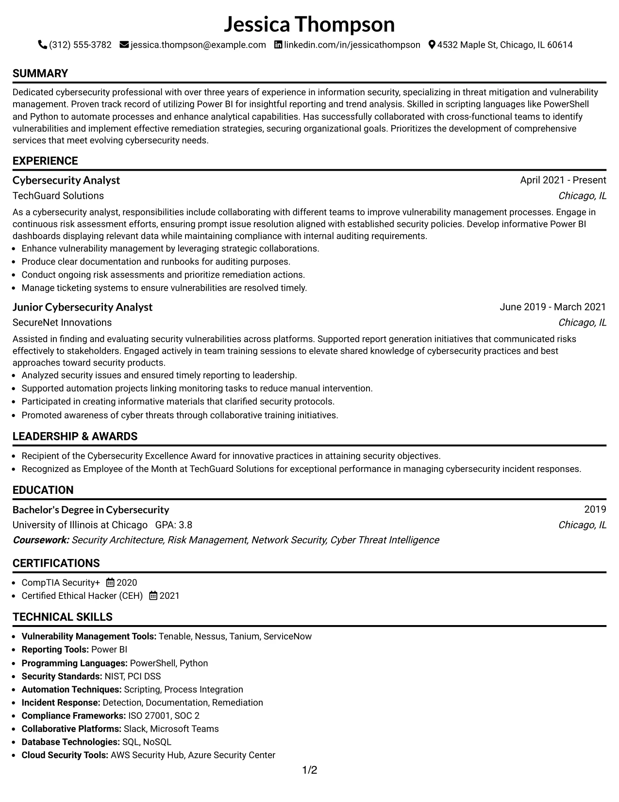 Resume Example Page 1
