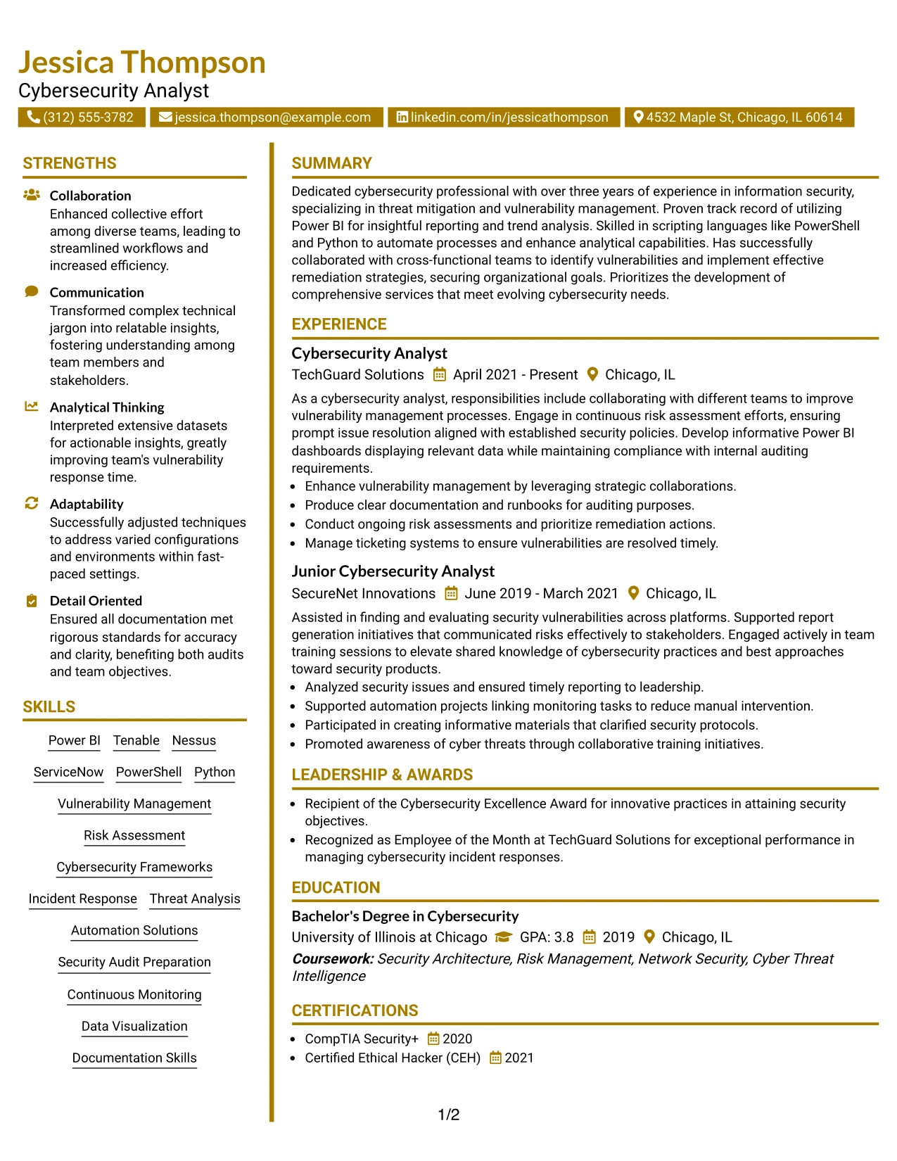Resume Example Page 1