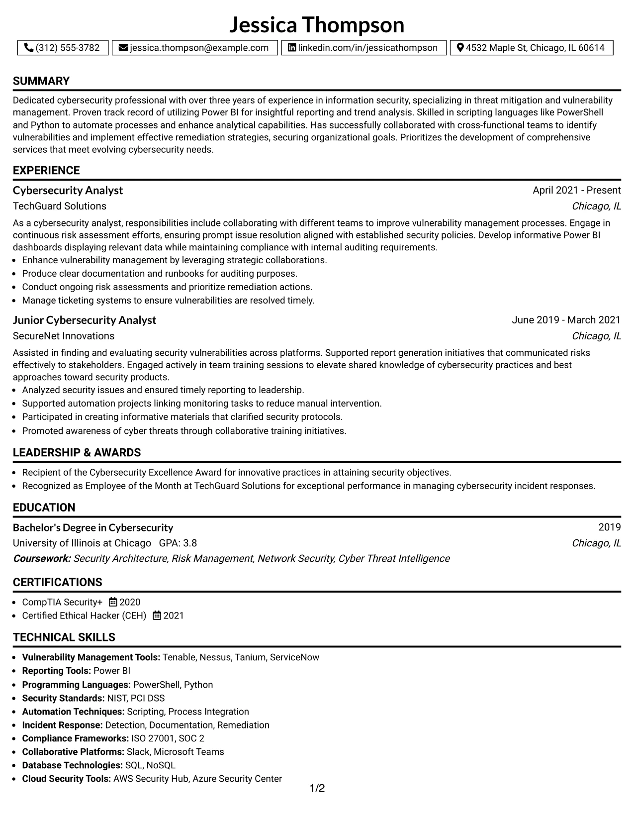 Resume Example Page 1