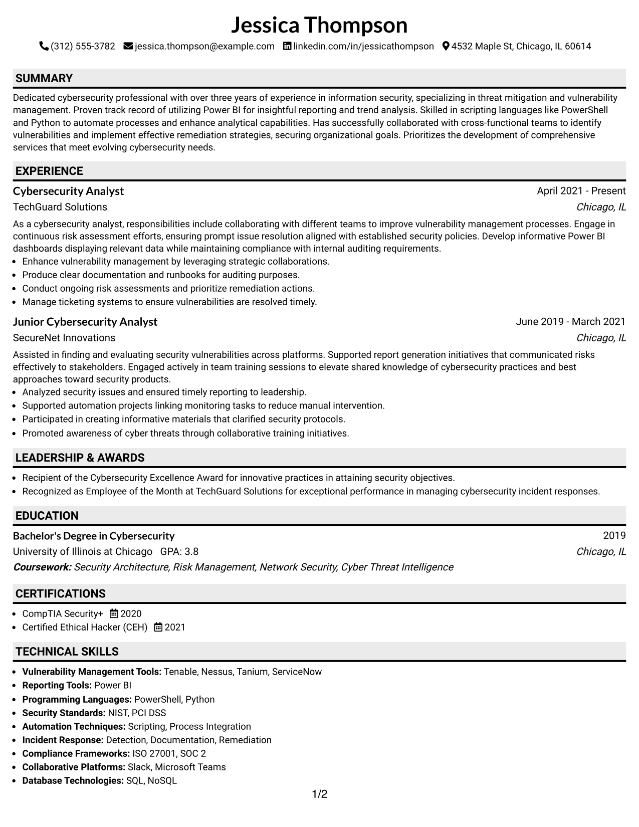 Resume Example Page 1