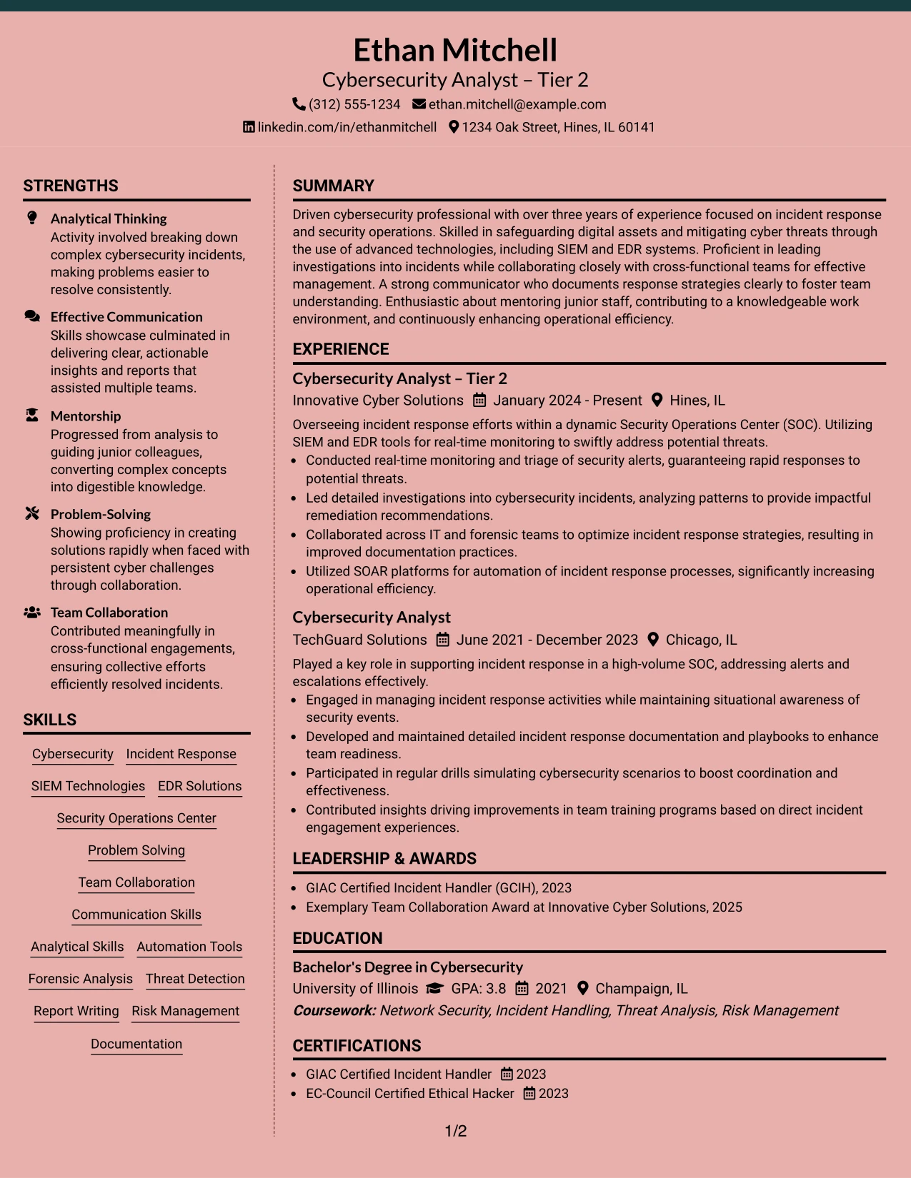 Resume Example Page 1