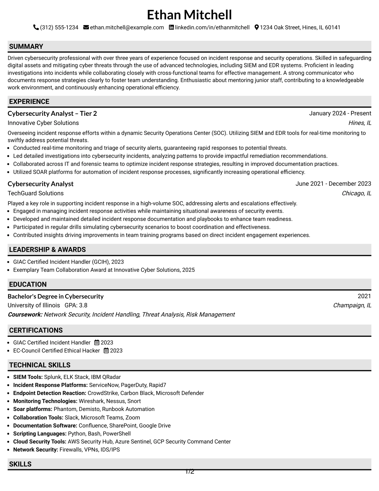 Resume Example Page 1