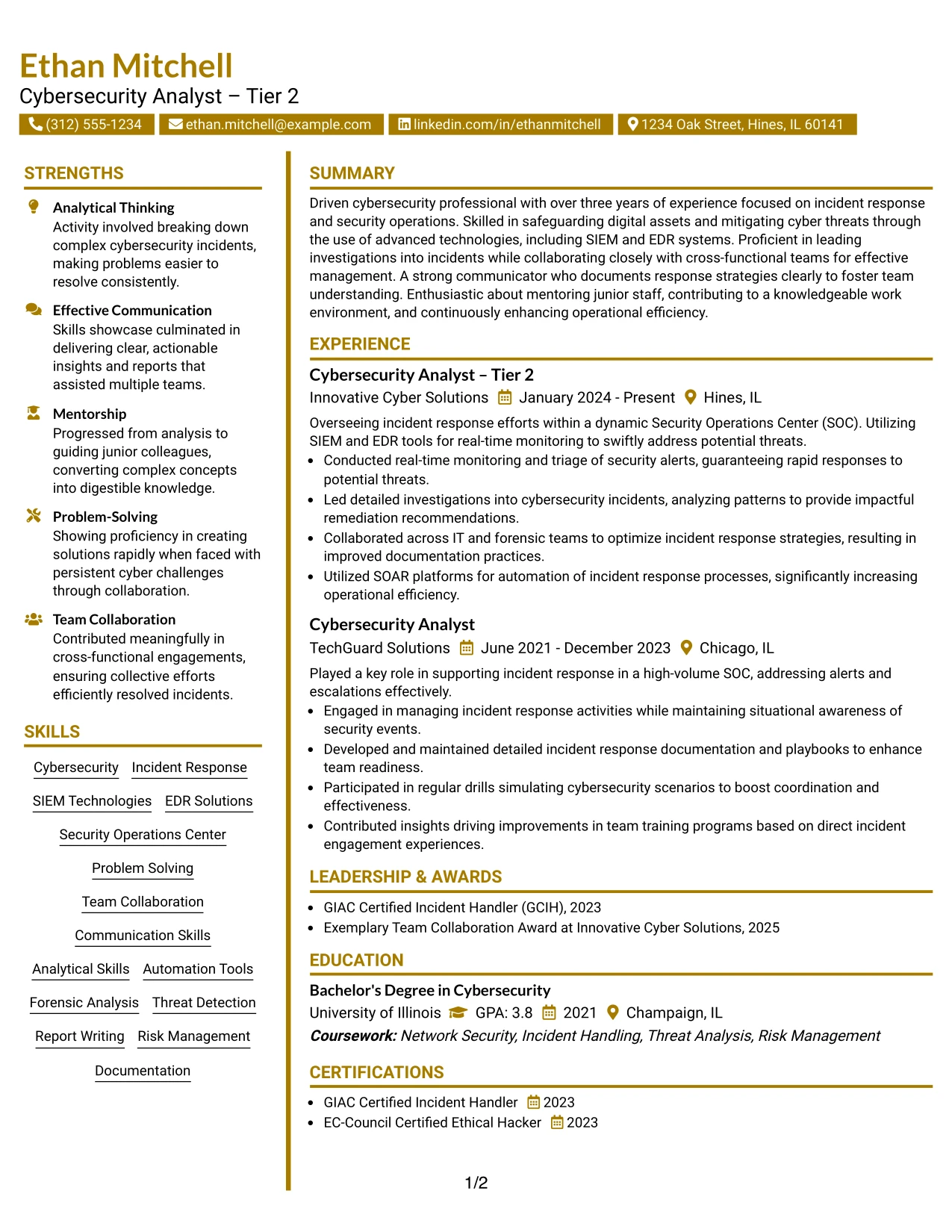 Resume Example Page 1