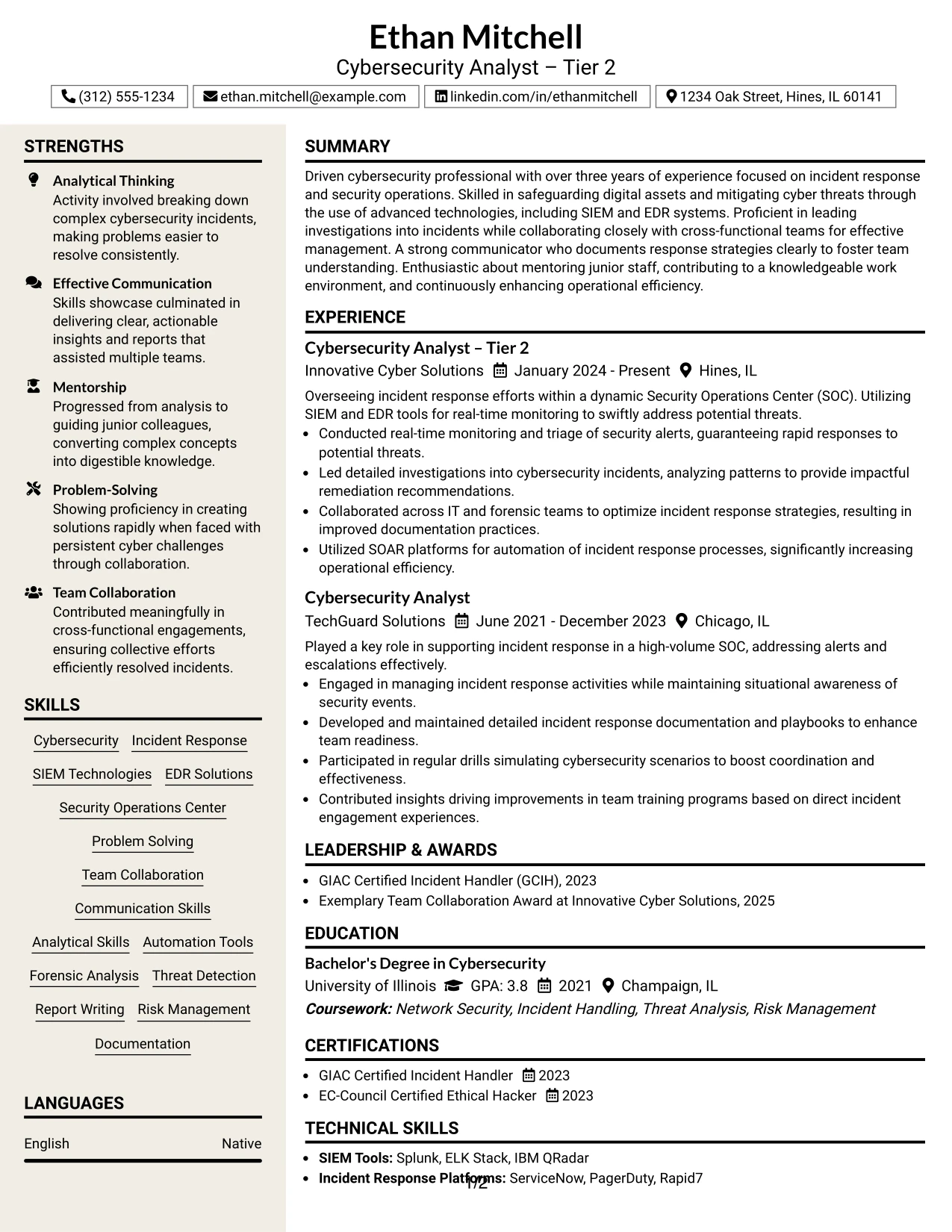 Resume Example Page 1