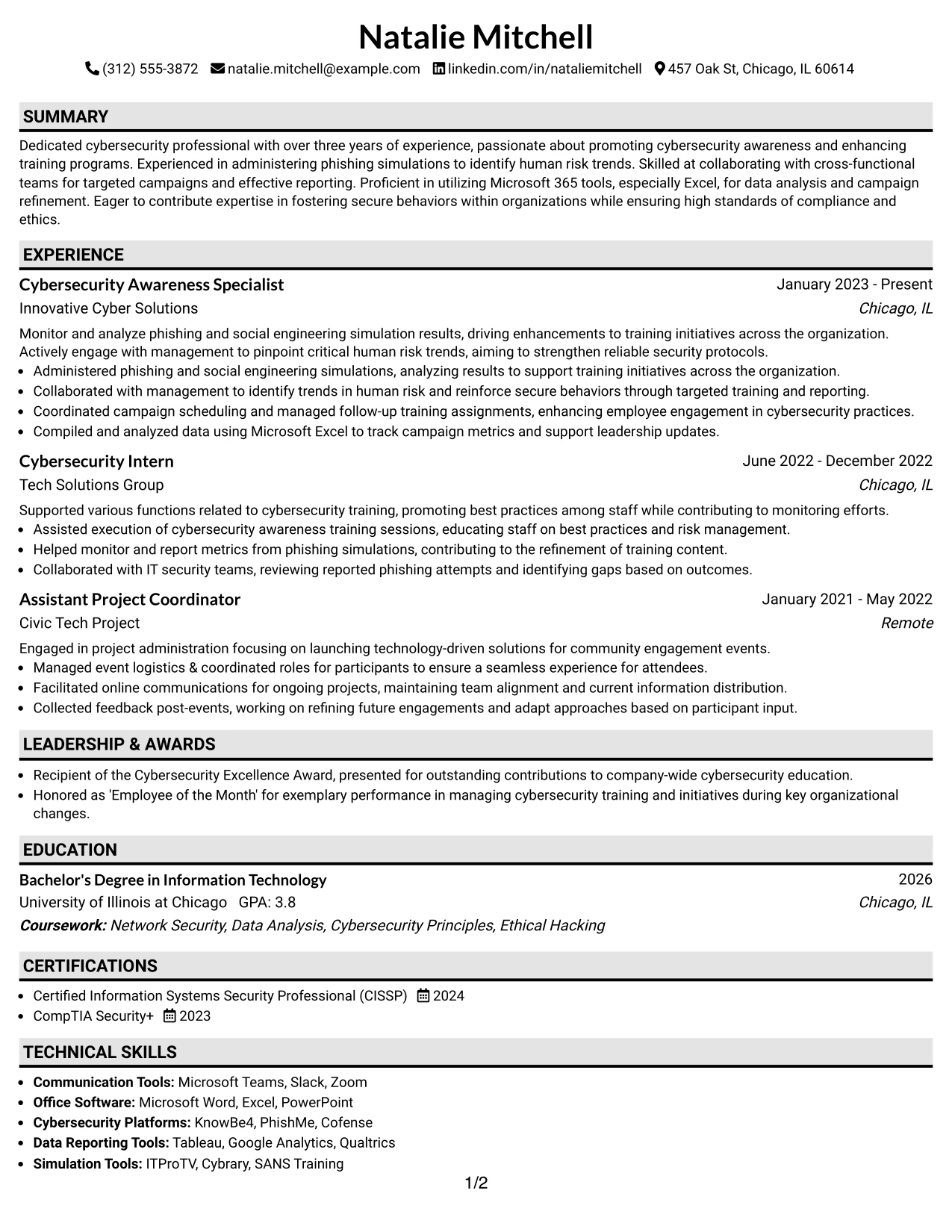 Resume Example Page 1