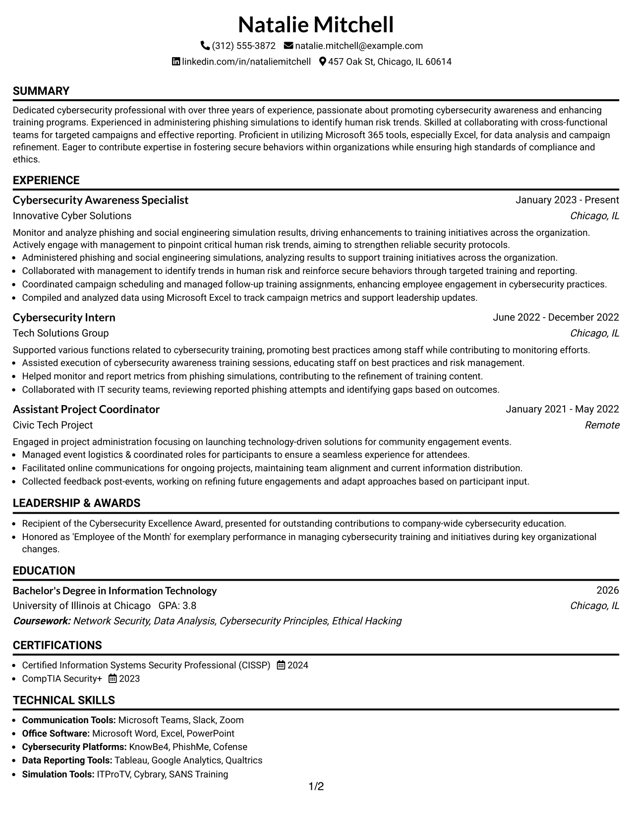 Resume Example Page 1