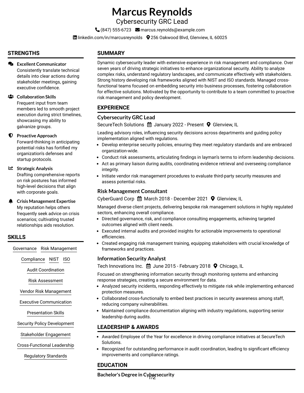Resume Example Page 1