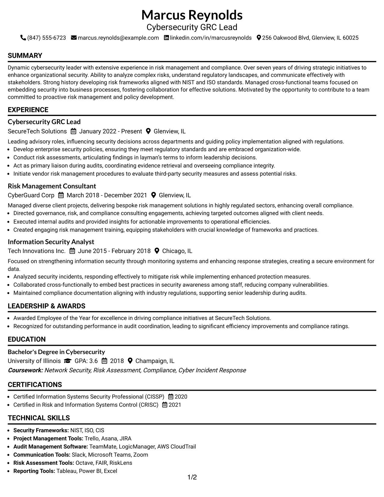 Resume Example Page 1