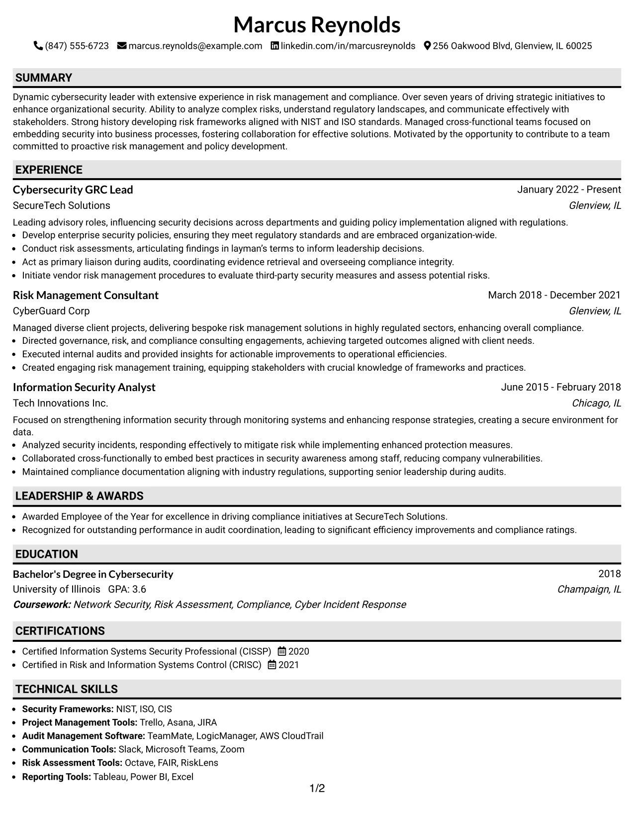 Resume Example Page 1
