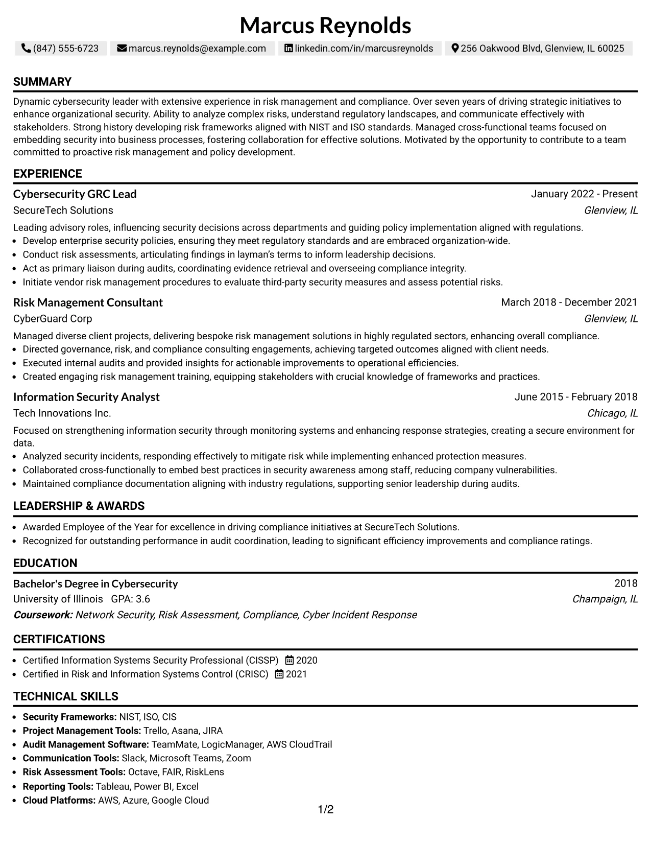 Resume Example Page 1