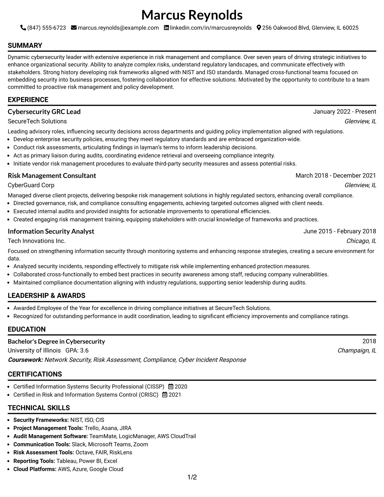 Resume Example Page 1