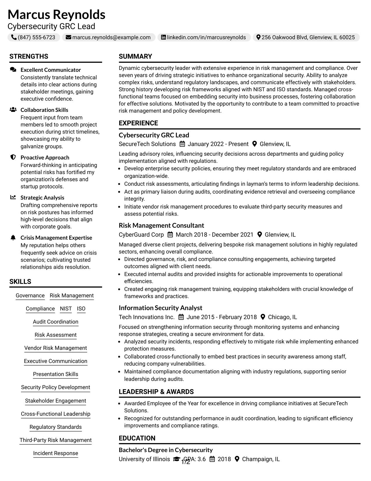 Resume Example Page 1
