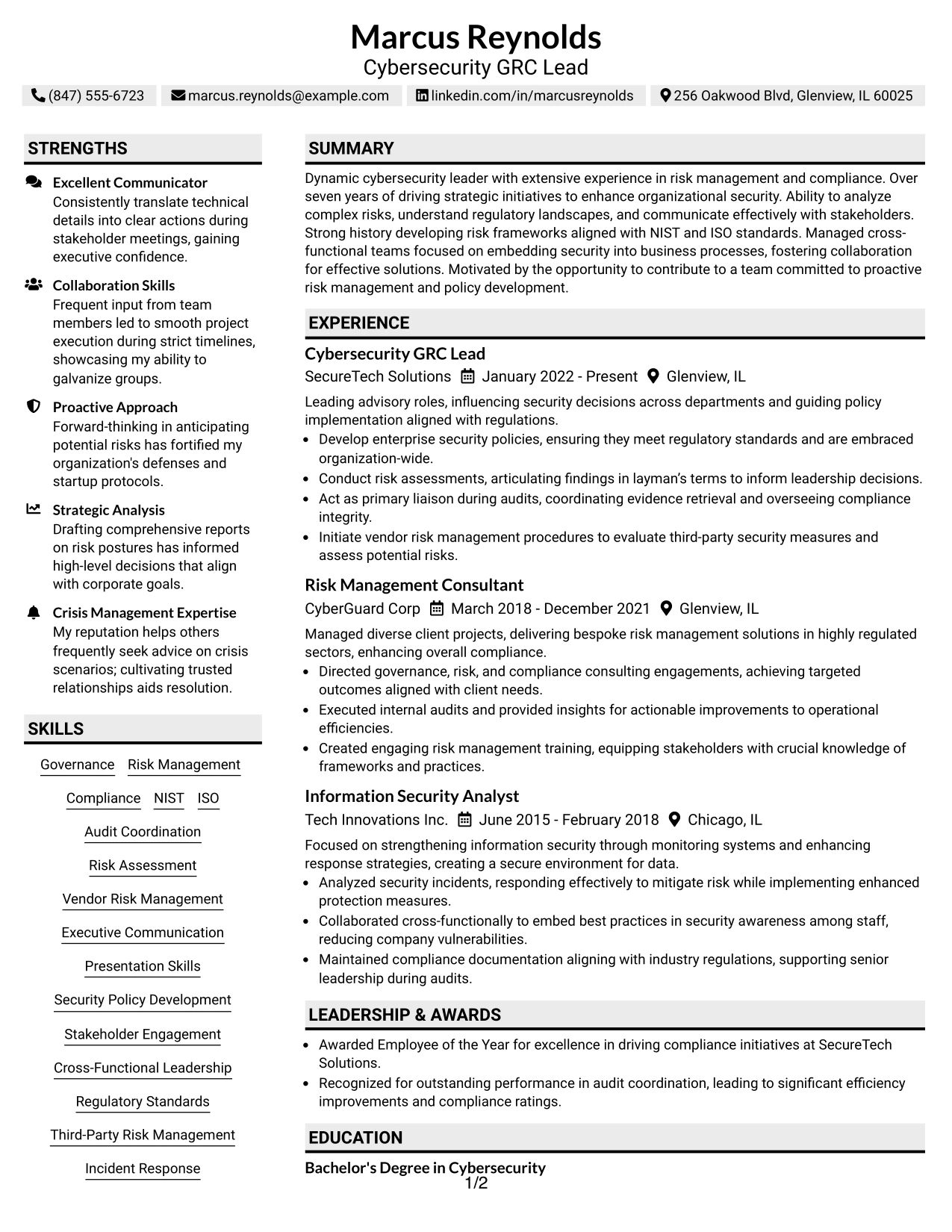 Resume Example Page 1