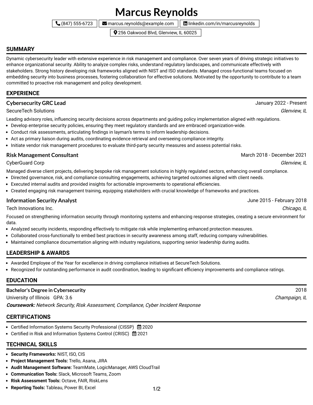 Resume Example Page 1