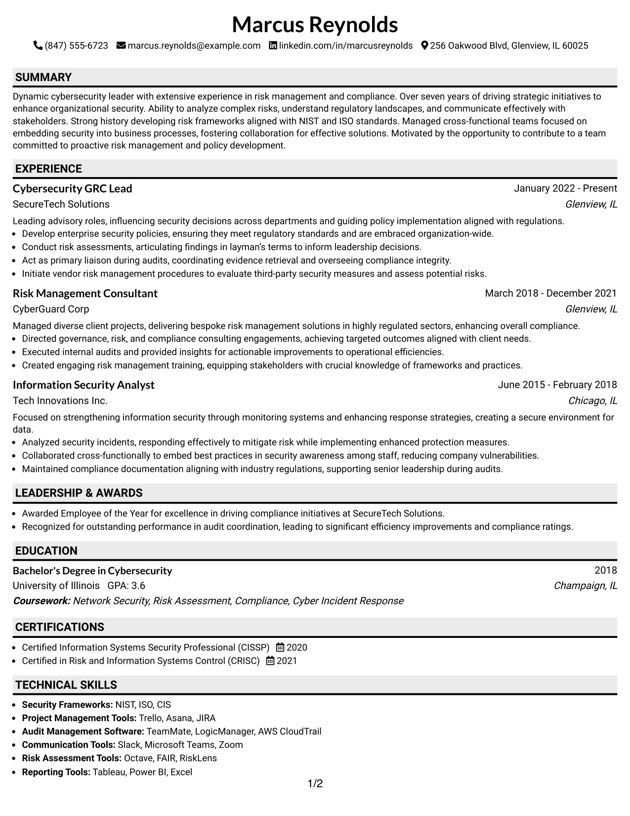 Resume Example Page 1