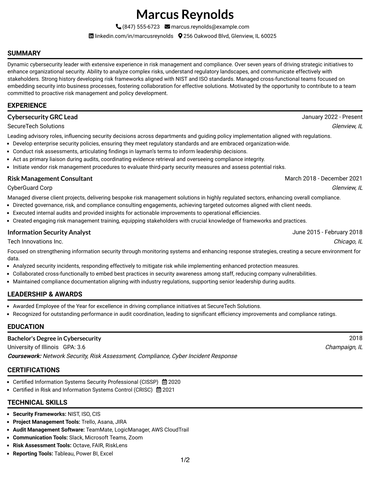 Resume Example Page 1