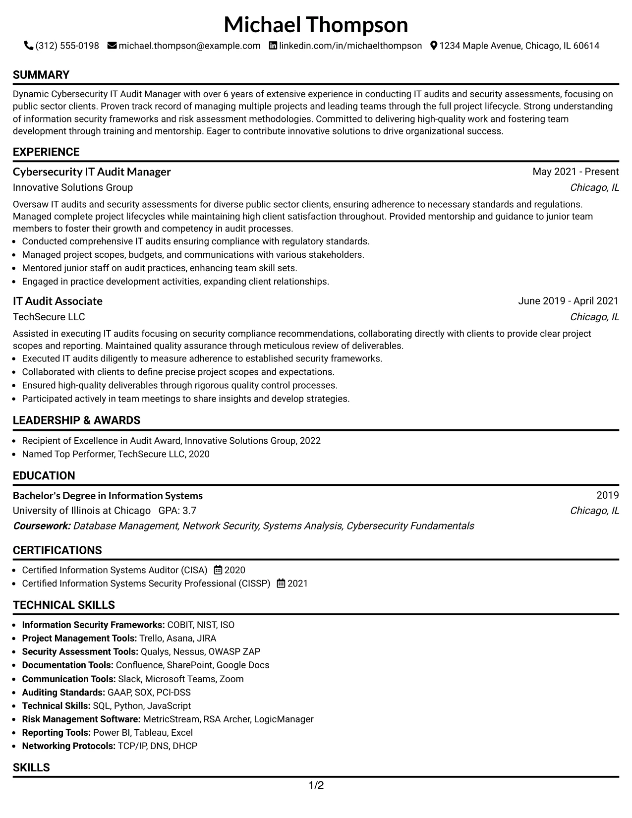 Resume Example Page 1