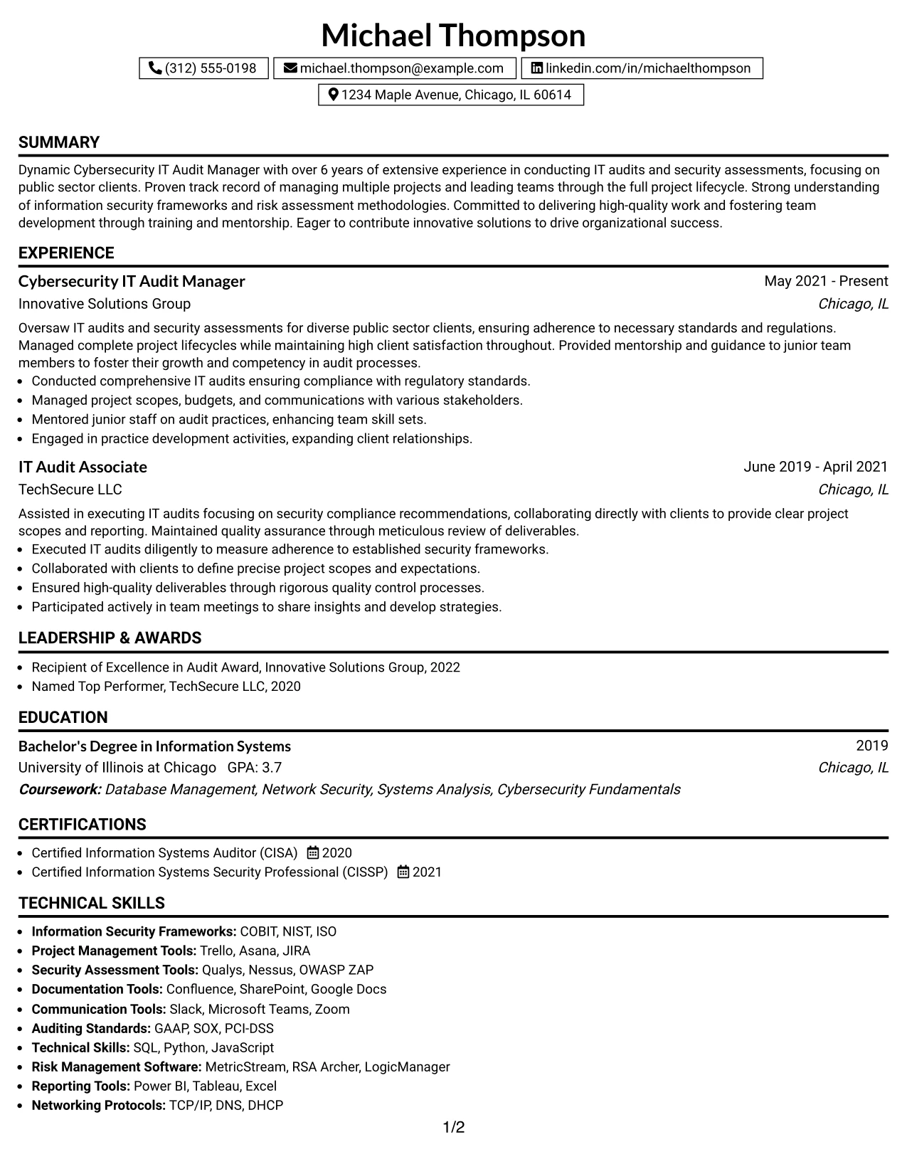 Resume Example Page 1