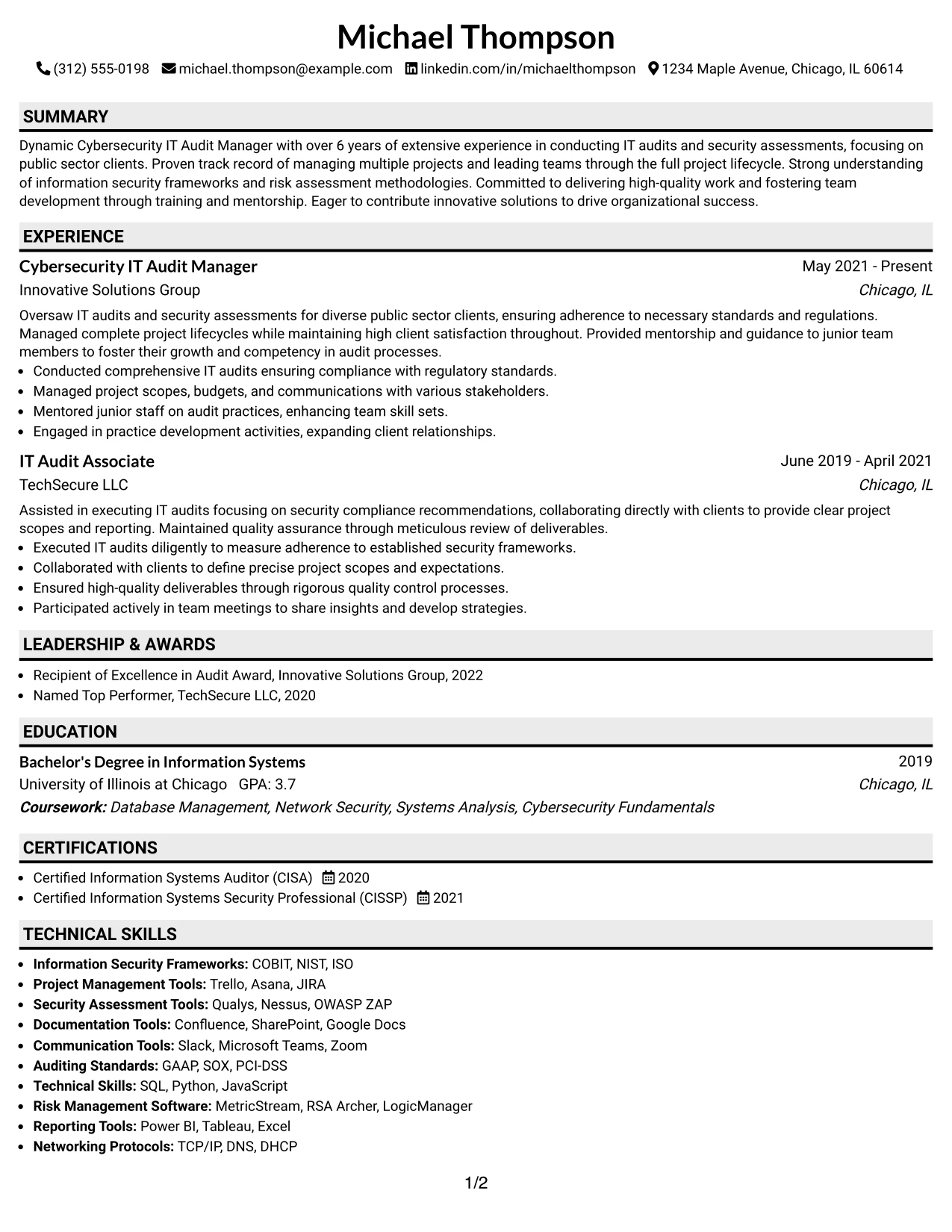 Resume Example Page 1