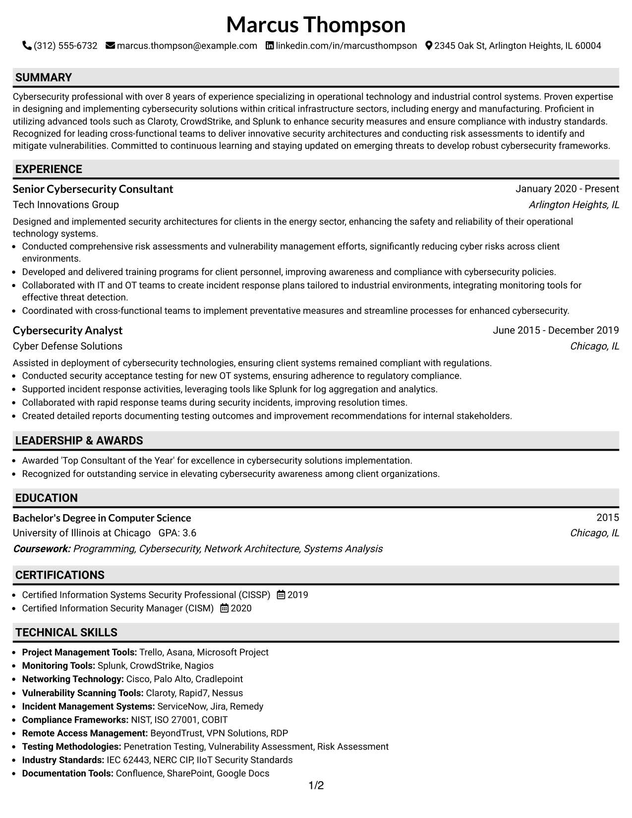 Resume Example Page 1