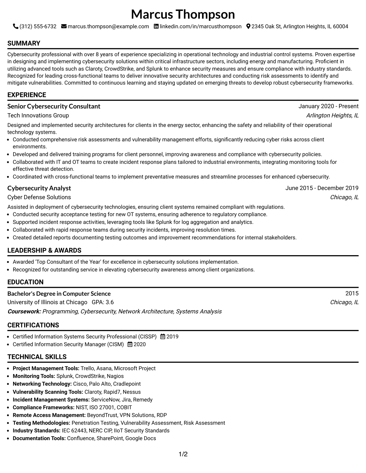Resume Example Page 1