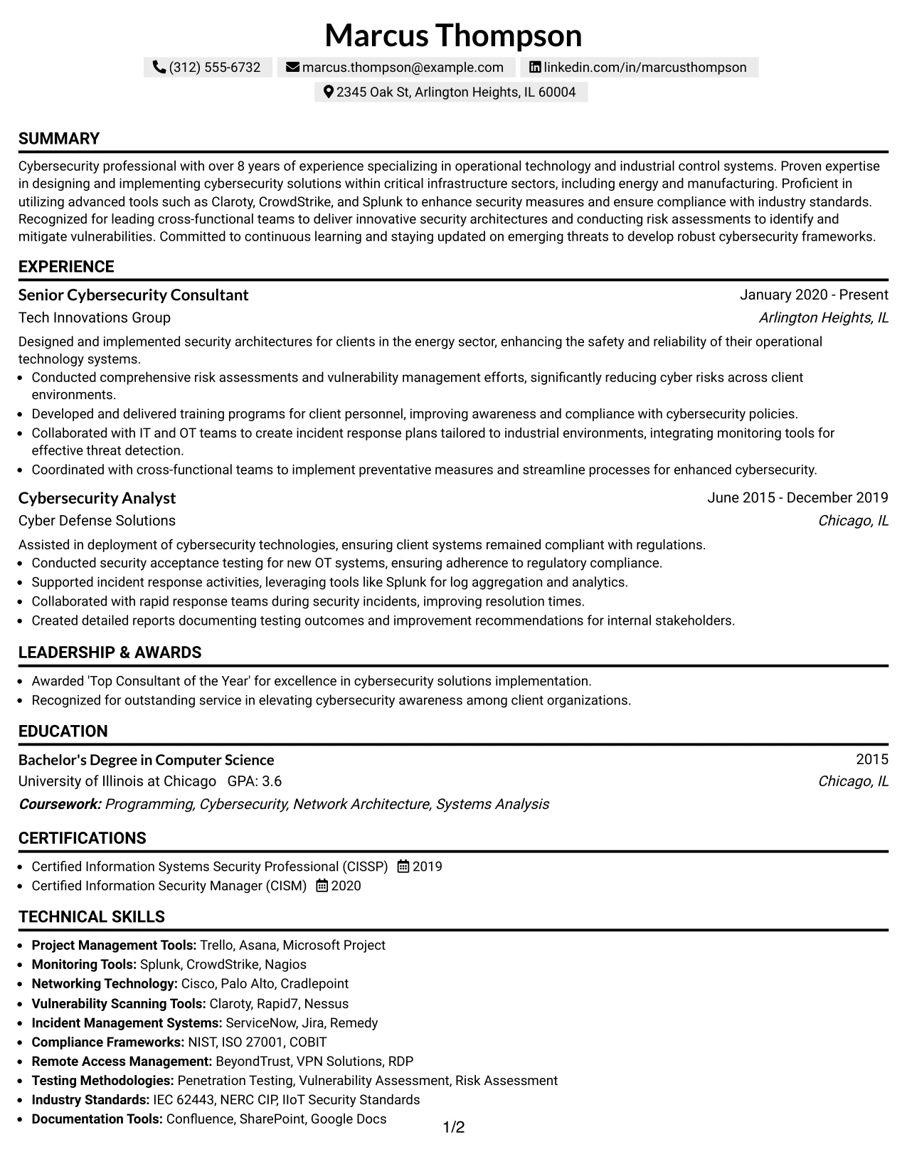Resume Example Page 1