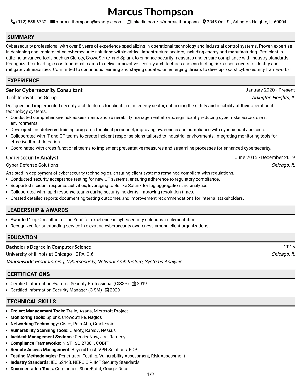 Resume Example Page 1