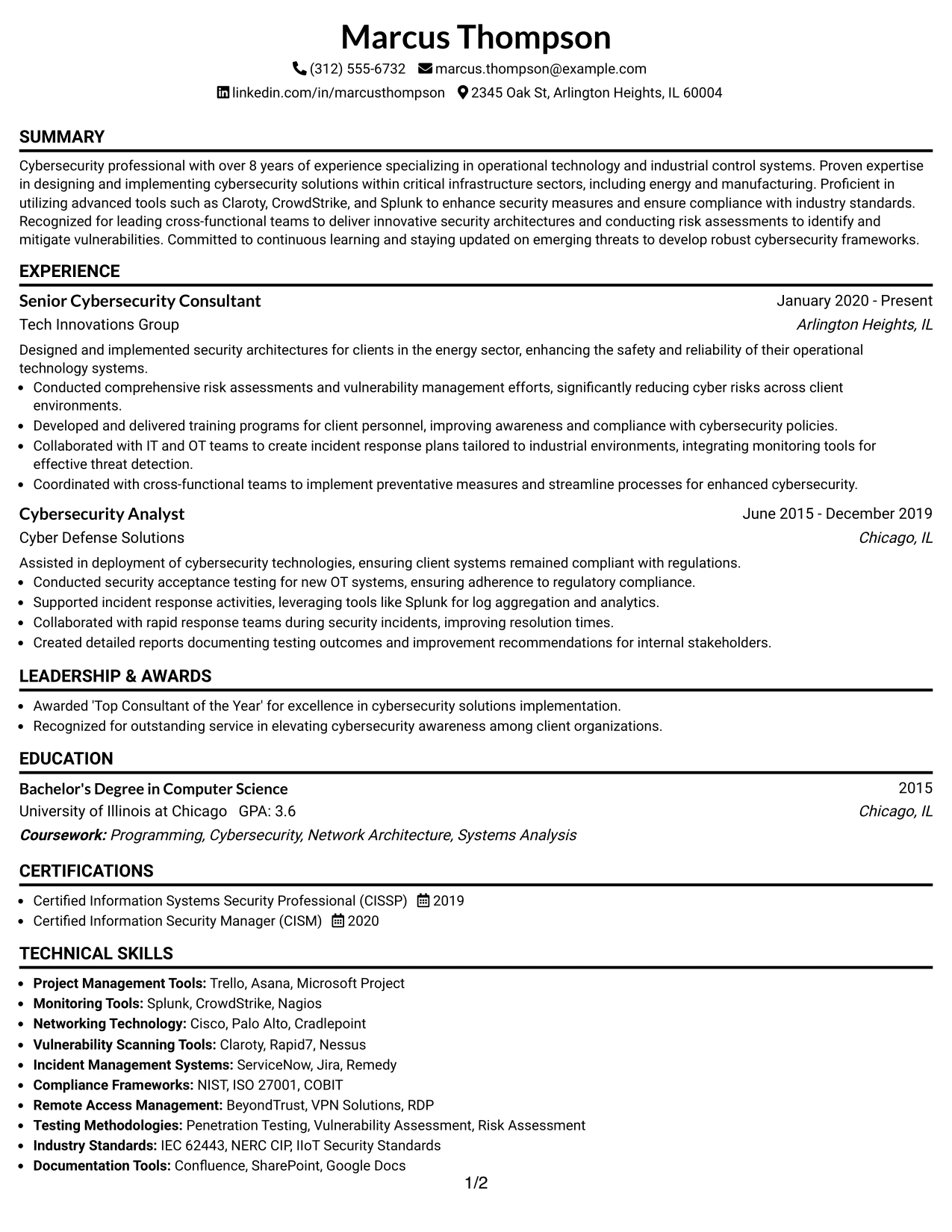 Resume Example Page 1
