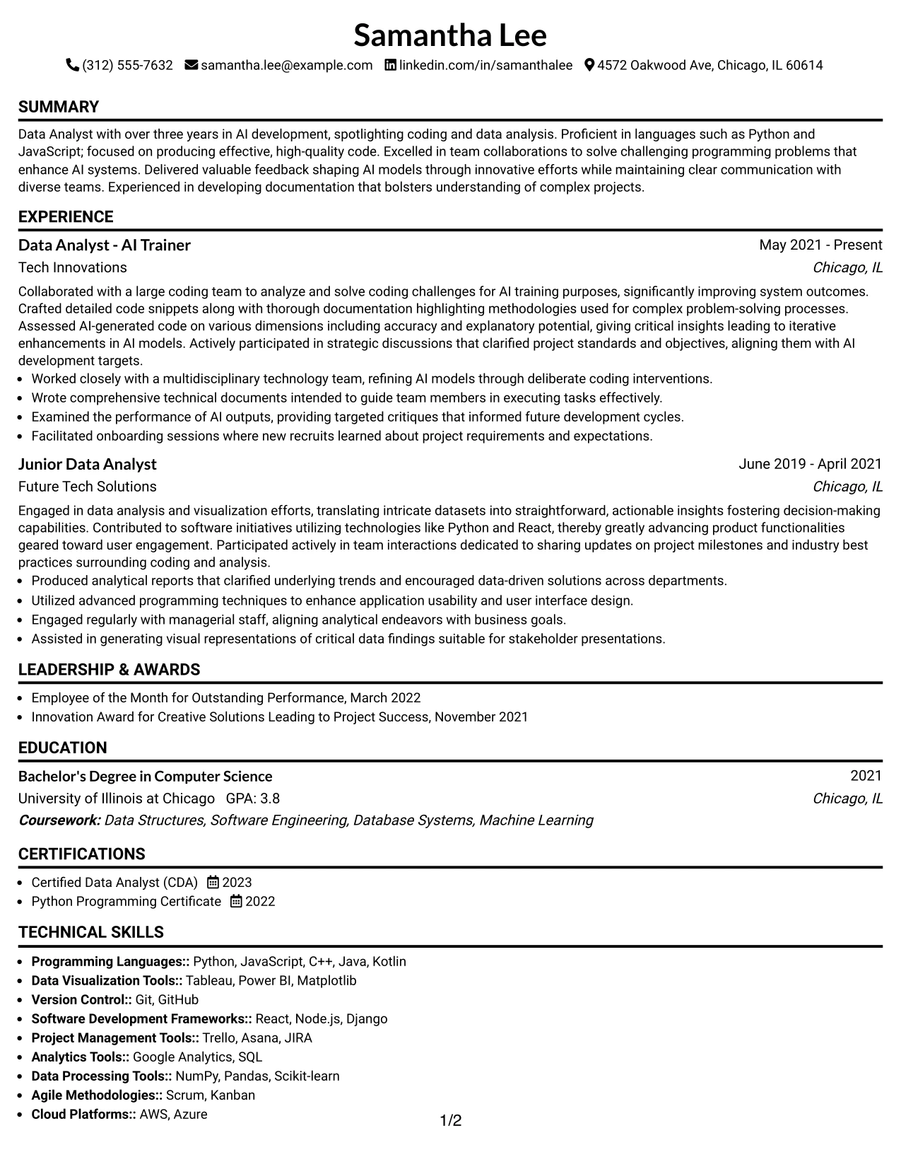 Resume Example Page 1