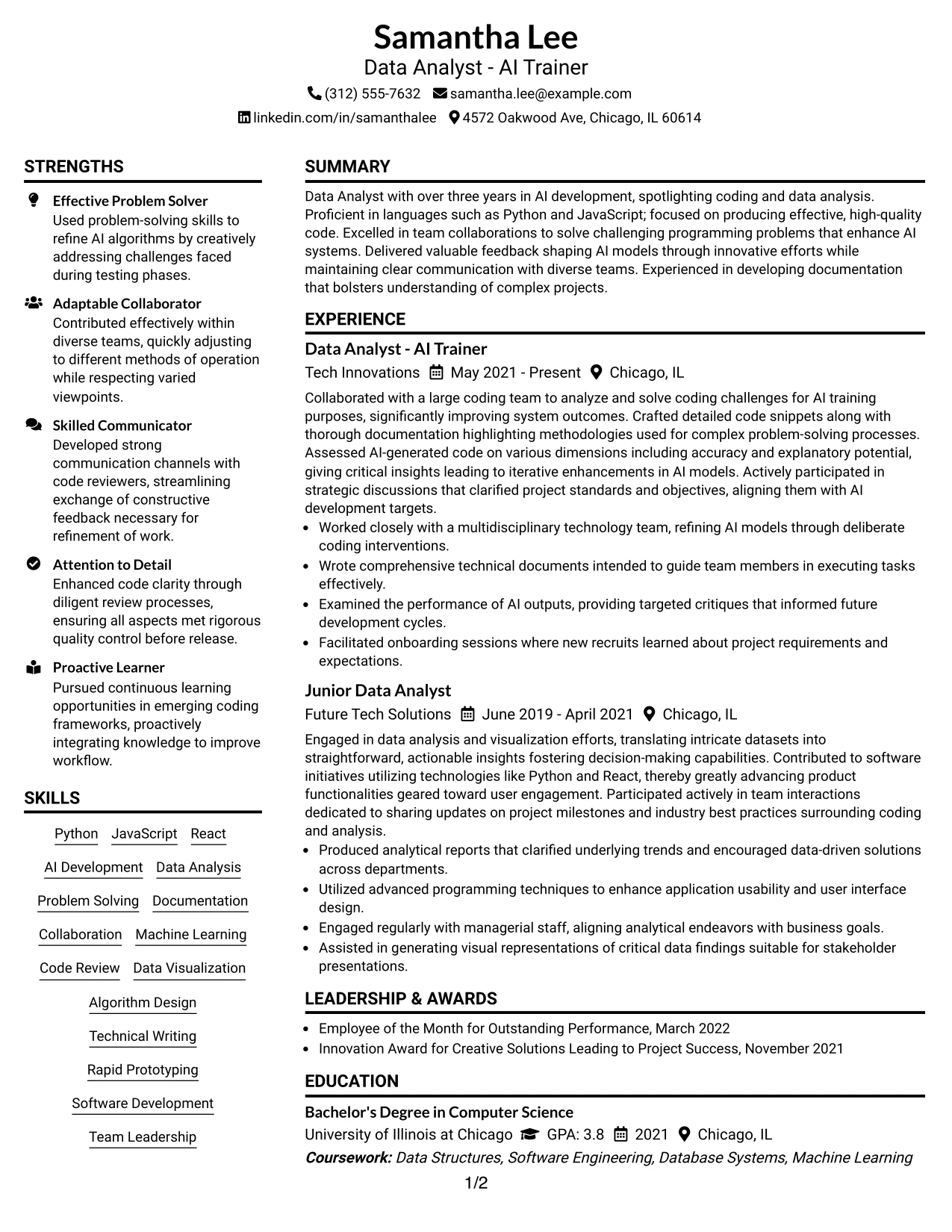 Resume Example Page 1