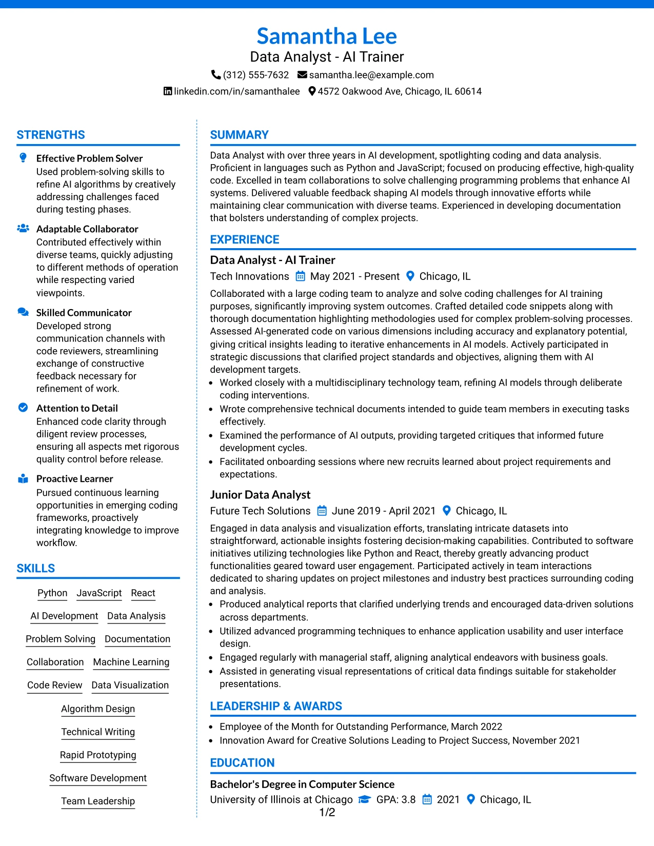 Resume Example Page 1