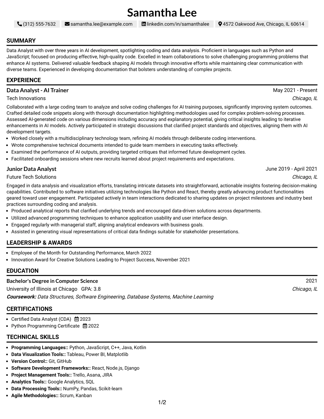 Resume Example Page 1