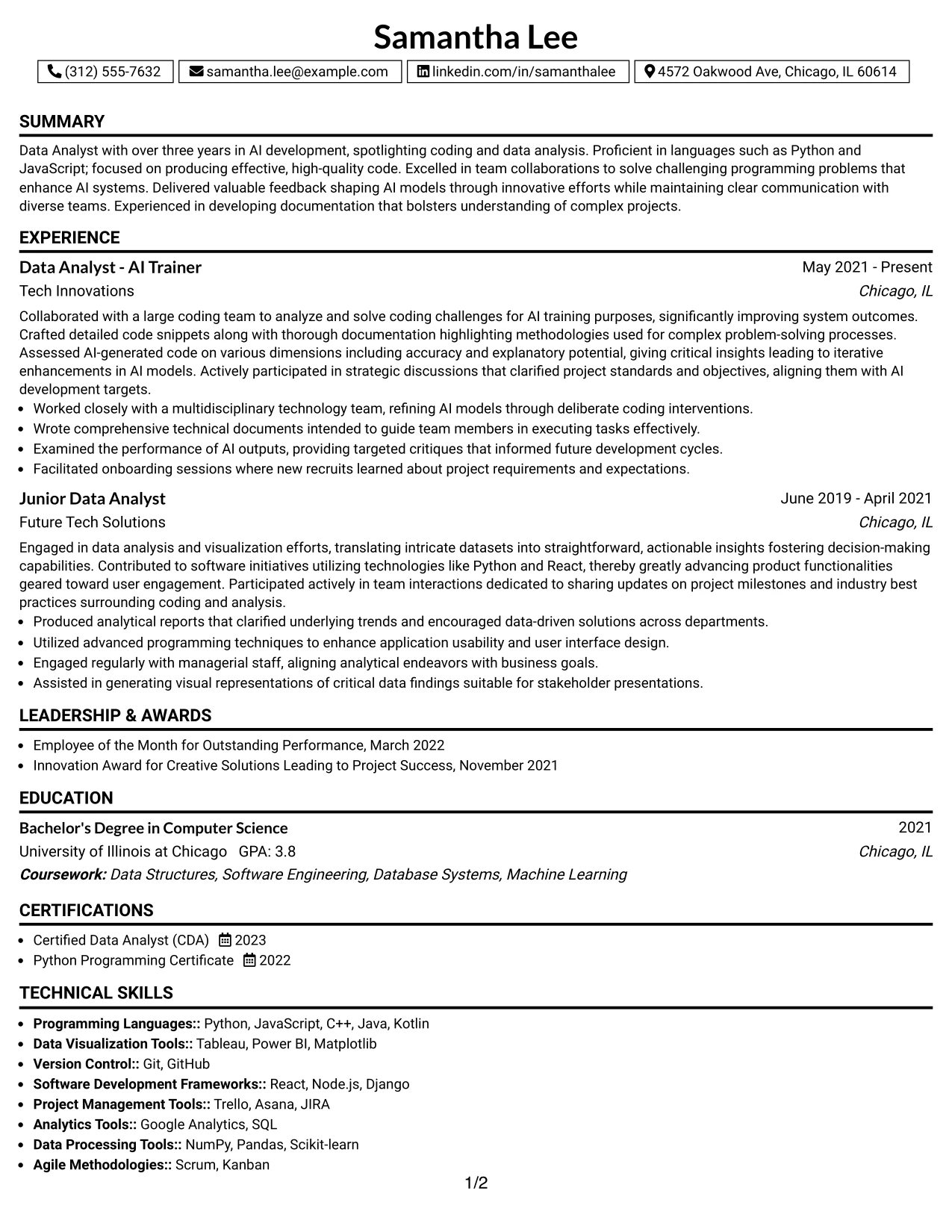 Resume Example Page 1