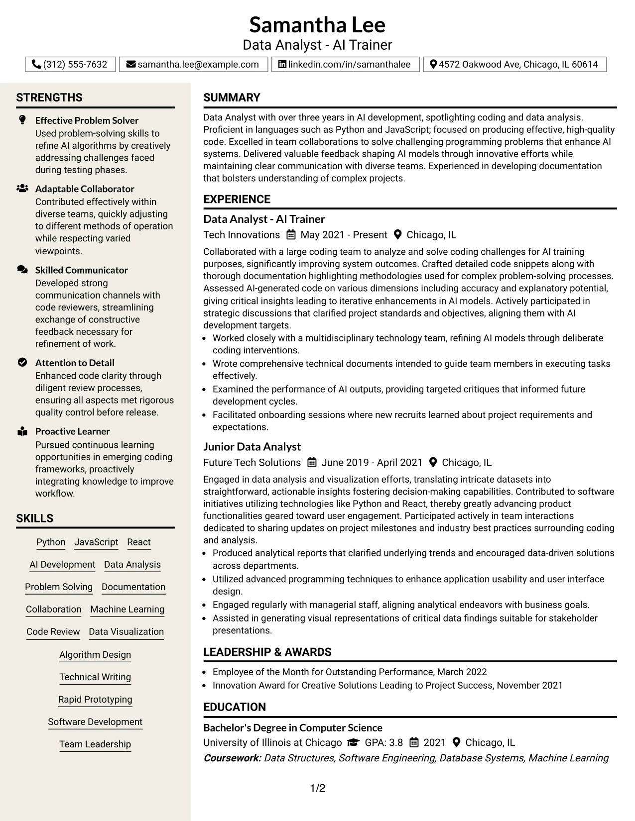 Resume Example Page 1