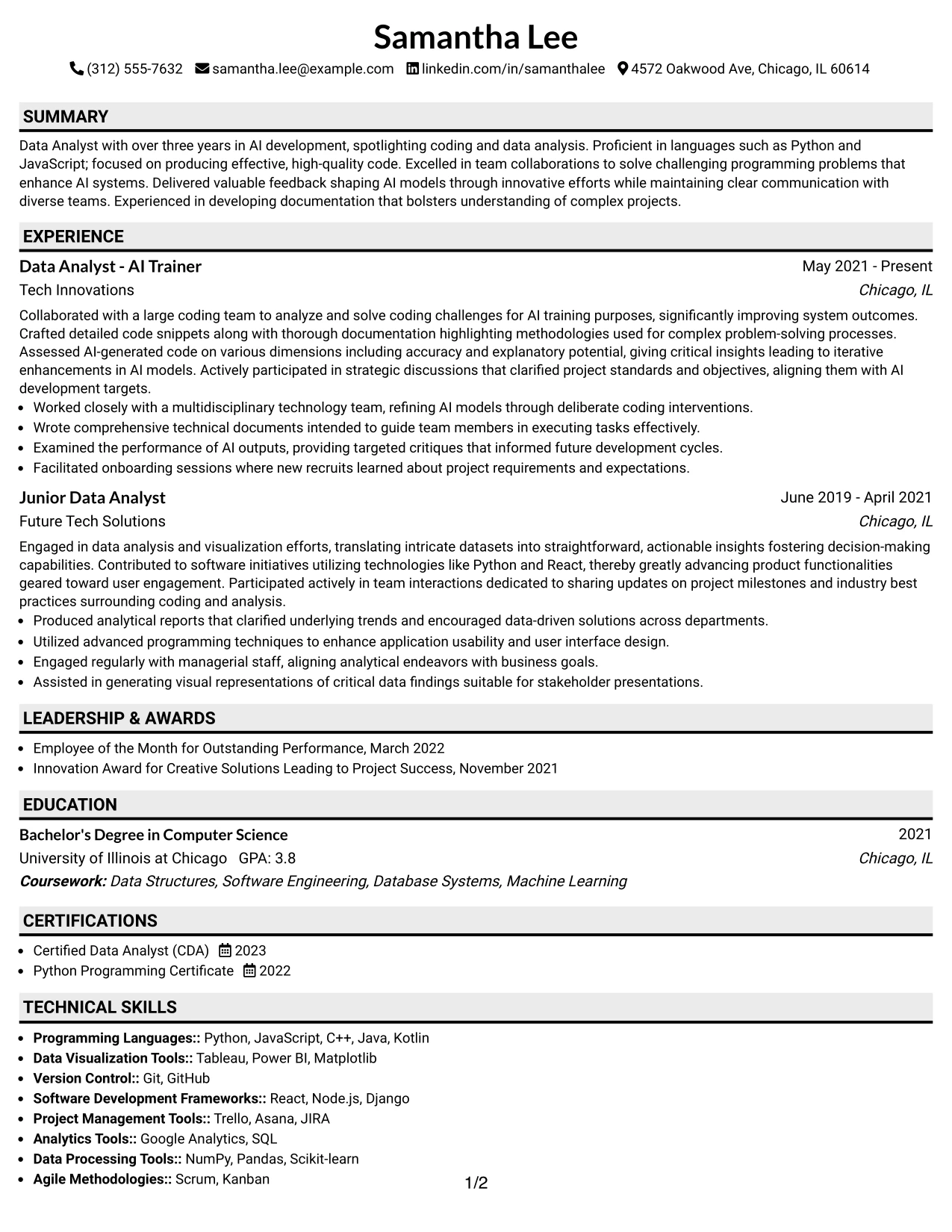 Resume Example Page 1
