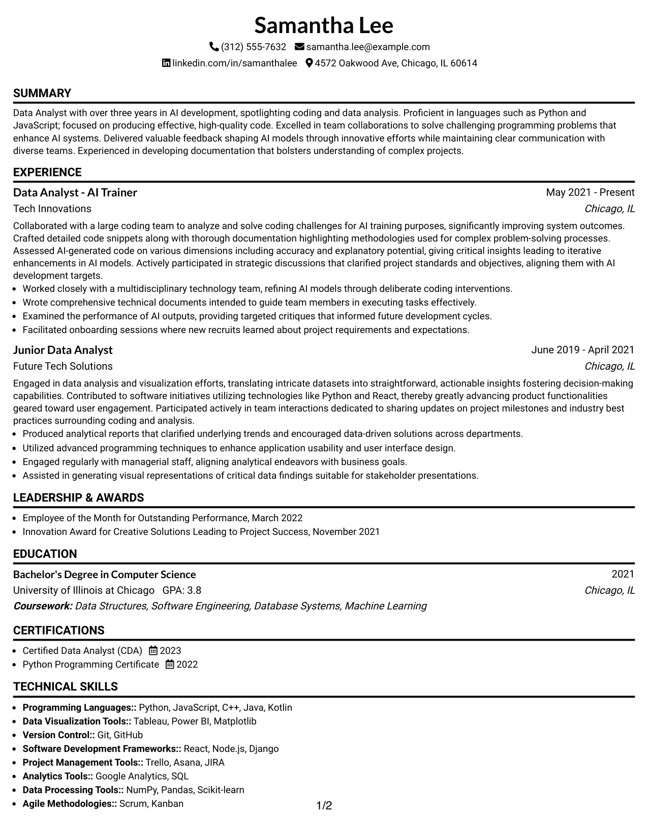 Resume Example Page 1