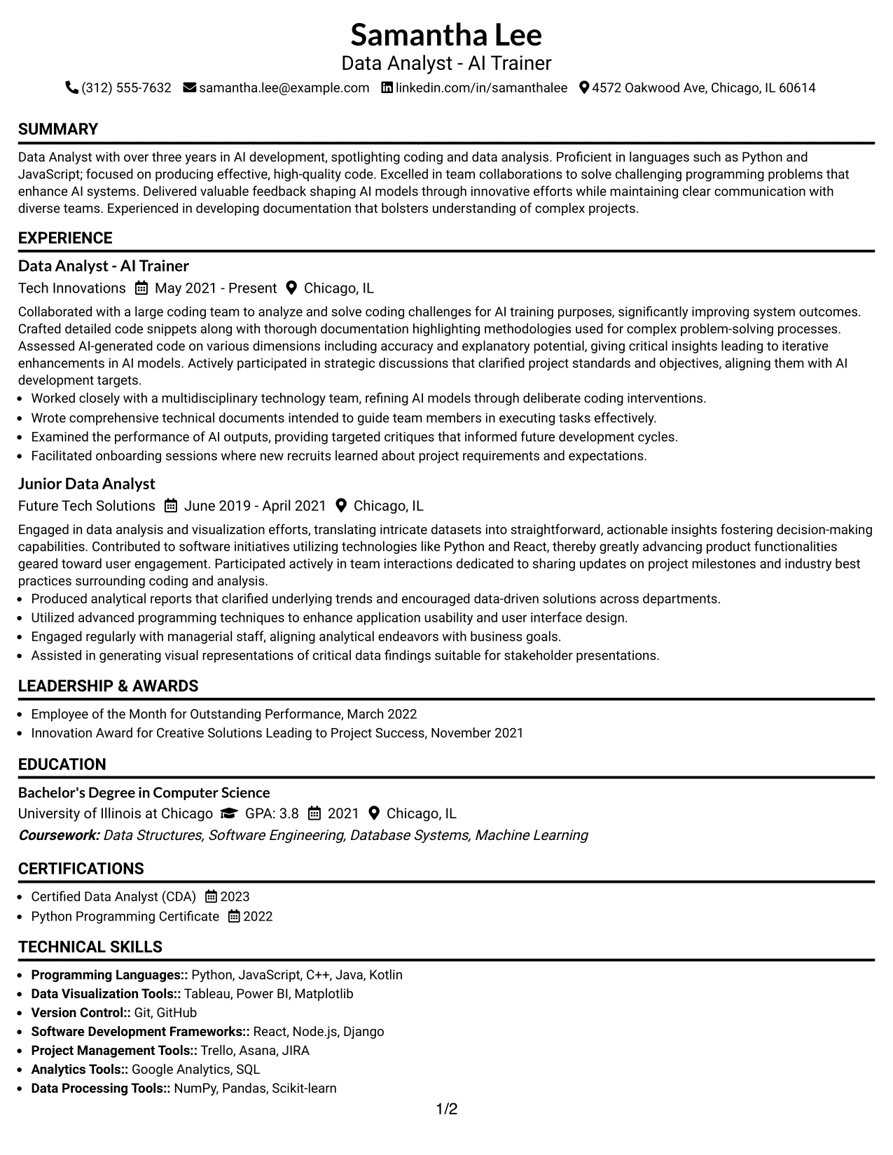 Resume Example Page 1